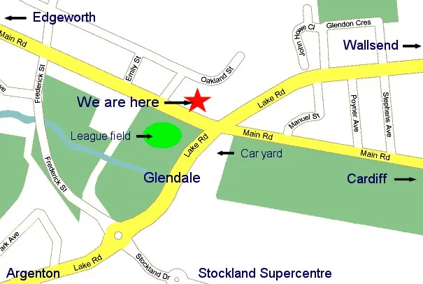 Map showing how to find The Pool Place at 561 Main Road Glendale, behind Crossroads Aquarium